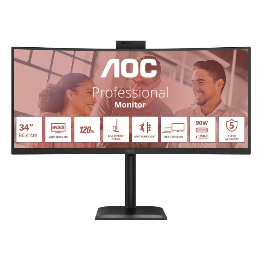 Monitor aoc lcd curved va 120hz 34 wide cu34e4cw 4ms mm wqhd 3500:1 black reg.alt. 2xhdmi dp 2xusb-c hub usb webcam fino:30/11
