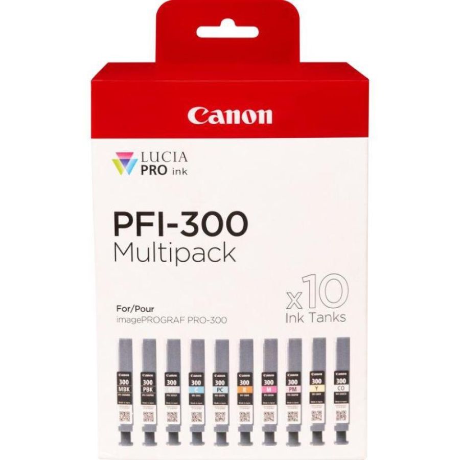 Canon pfi-300 cartuccia d\`inchiostro 10 pz originale nero, blu, ciano, grigio, magenta, nero per foto, magenta per foto, rosso,