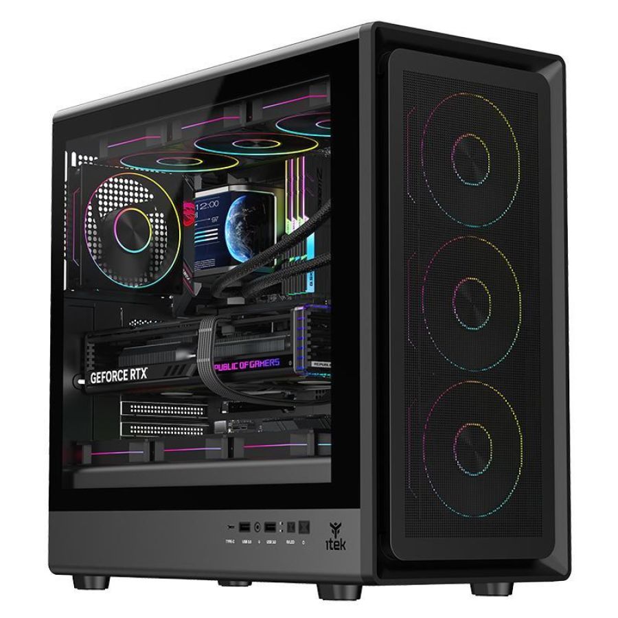 Cabinet itek meshcore 36b - gaming  tower, atx, 4x14cm argb fan, 2xusb3, type-c, temp glass side  panel (itgcamc36b)