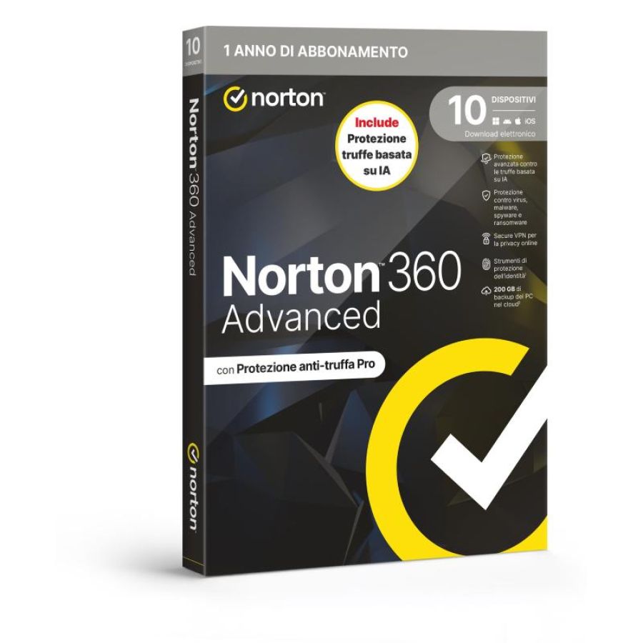 Norton 360 advanced 2026 - antitruffa- 10 dispositivi 12 mesi 200gb - it box