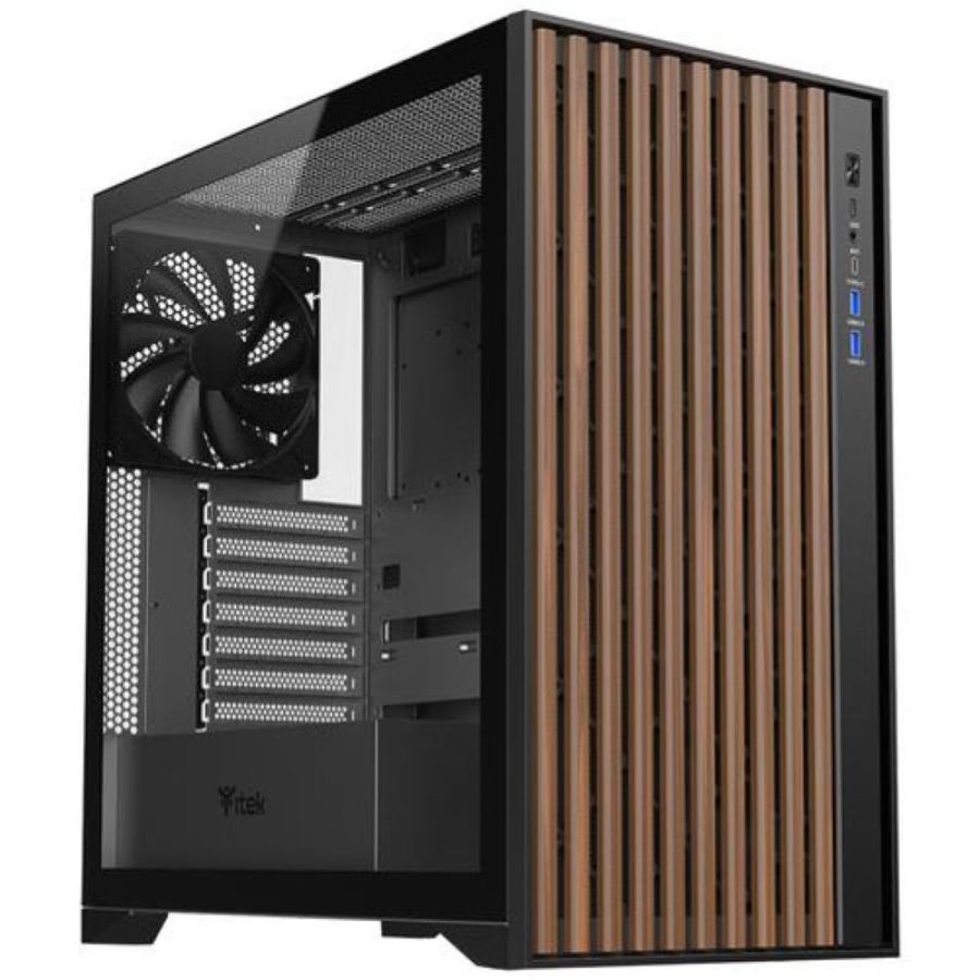 Itek case woody, gaming tower, atx, 3x12cm black fan, 2xusb3, type-c, wood front, temp glass side p