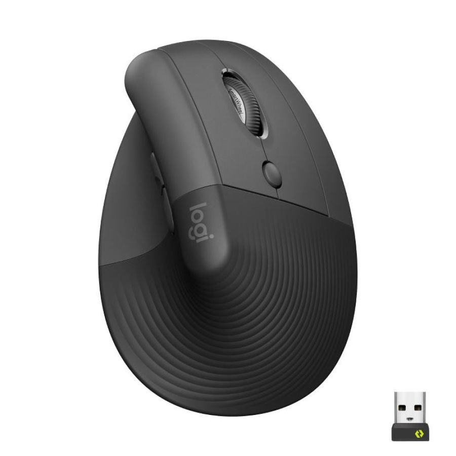 Logitech lift mouse ergonomico verticale, senza fili, ricevitore bluetooth o logi bolt usb, clic silenziosi, 4 tasti,