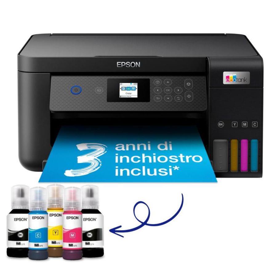 Epson ecotank et-2850 stampante multifunzione inkjet 3-in-1 a4, serbatoi ricaricabili alta capacità, 5 flaconi inclusi pari a