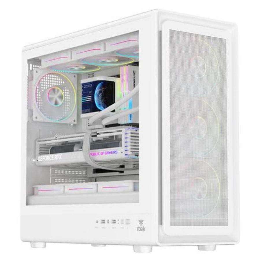Itek case meshcore 36w gaming tower atx 4x14cm argb fan 2xusb3 type-c temp glass side panel whi