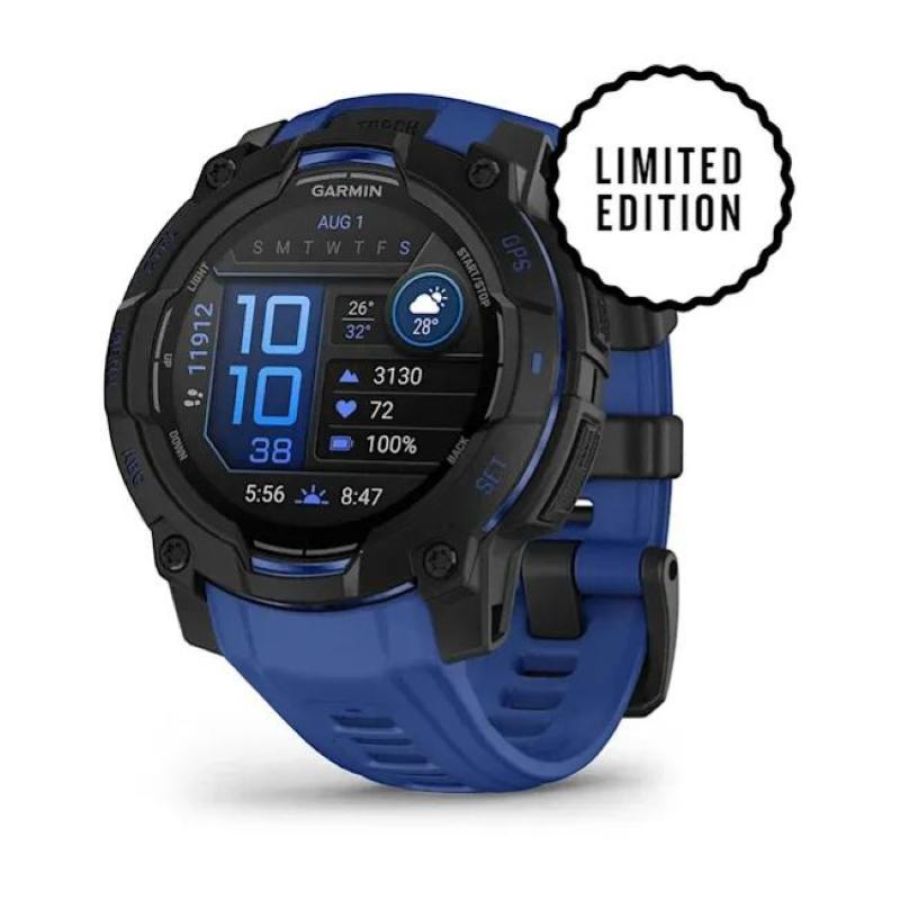 Garmin instinct® 3 - 45 mm, amoled schwarz mit silikon-wechselarmband 22 mm bolt blue