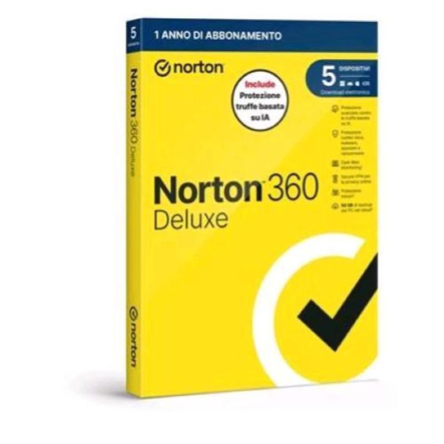 Norton 360 deluxe 2026 antitruffa 5 dispositivi 50gb backup 12 mesi box