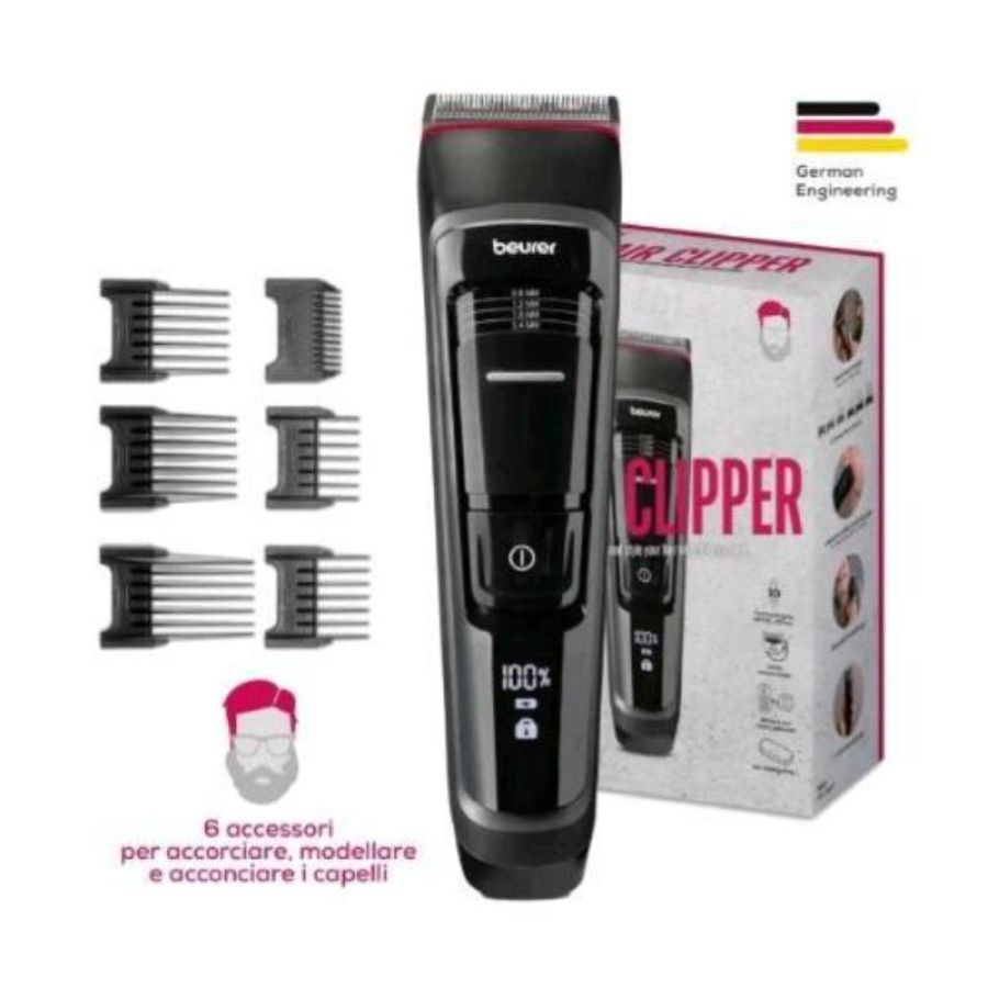 Beurer mn5x tagliacapelli elettrico ricaricabile con 6 pettini display led nero