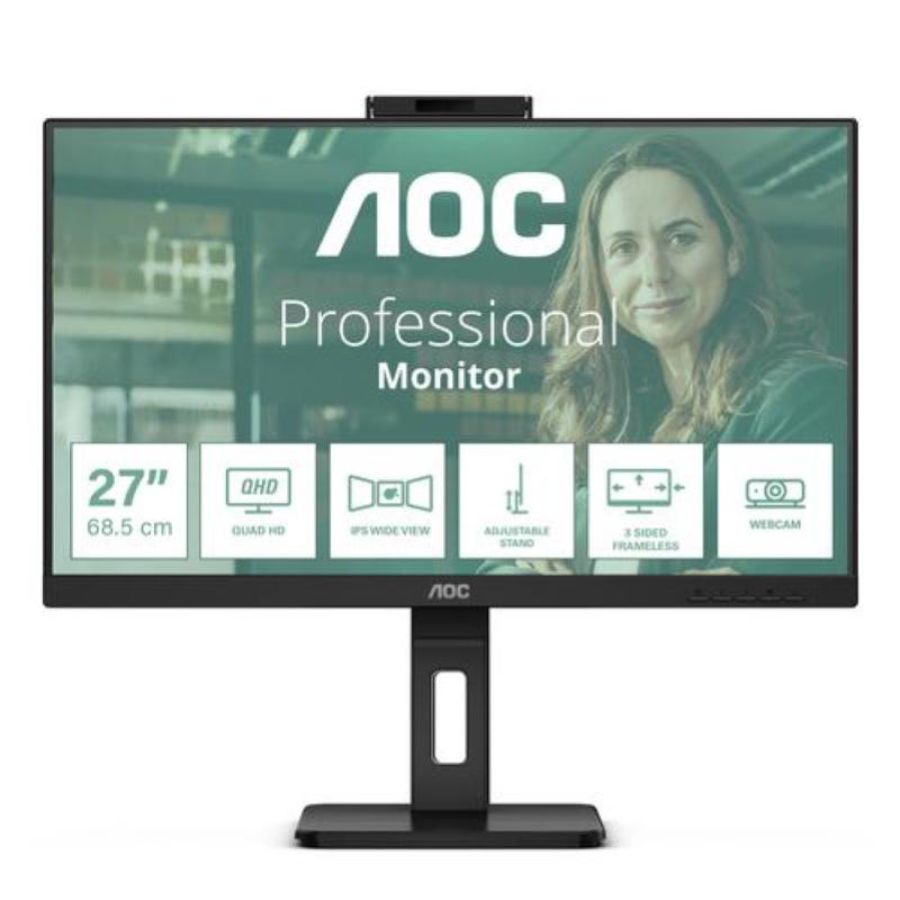Aoc monitor 27 led ips qhd 16:9 4ms 350 cdm, webcam, pivot, dp/2hdmi, multimediale, scat aperta