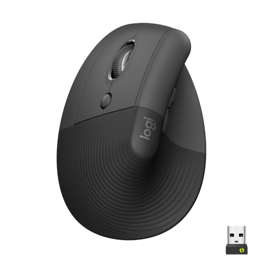 Logitech lift left mouse ergonomico verticale, per mancini, senza fili, bluetooth o logi bolt usb, clic silenziosi, 4 tasti,