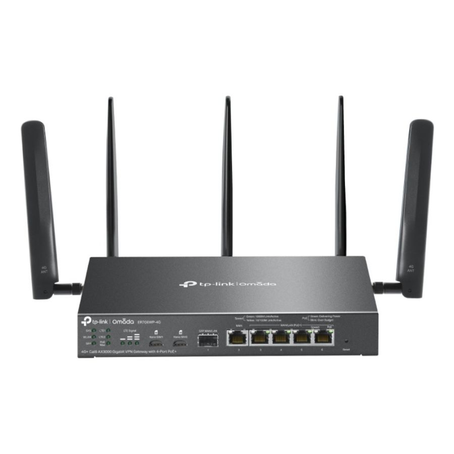 Router tp-link er706wp-4g gigabit vpn 4g ax3000 1p gbe sfp wan/lan,1p gbe rj45 wan, 4p poe (45w) gbe wan/lan rj45 2nano sim slot