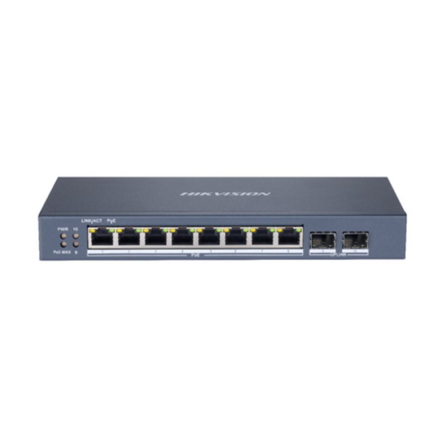 Hikvision switch l2, smart managed, 8 gigabit rj45 poe ports, 2 gigabit rj45 port, 802.3af/at, poe p