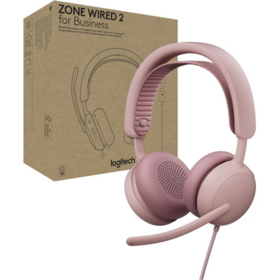 Logitech zone wired 2 for business cuffie con microfono over ear cablato cancellazione del rumore anc adattiva certificazione microsoft teams rosa