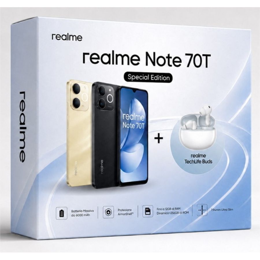 Realme note 70t 4g 4/128gb black dual sim - (garanzia italia - no brand) +tech life