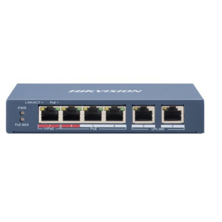 Hikvision switch 10/100 hi-poe metallico l2, unmanaged, 4 10/100m rj45 poe ports, 2 10/100m rj45 upl