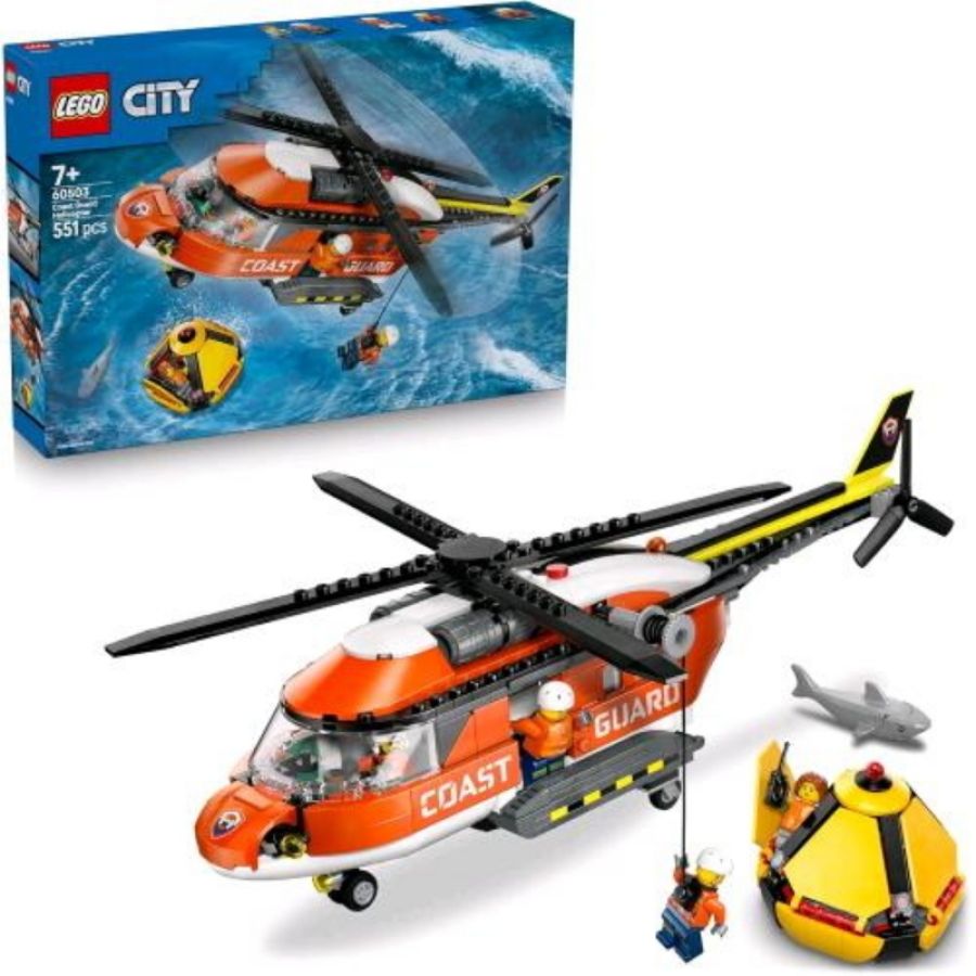 Lego city elicottero della guardia costiera con porte scorrevoli verricello 4 minifigure e figura di squalo