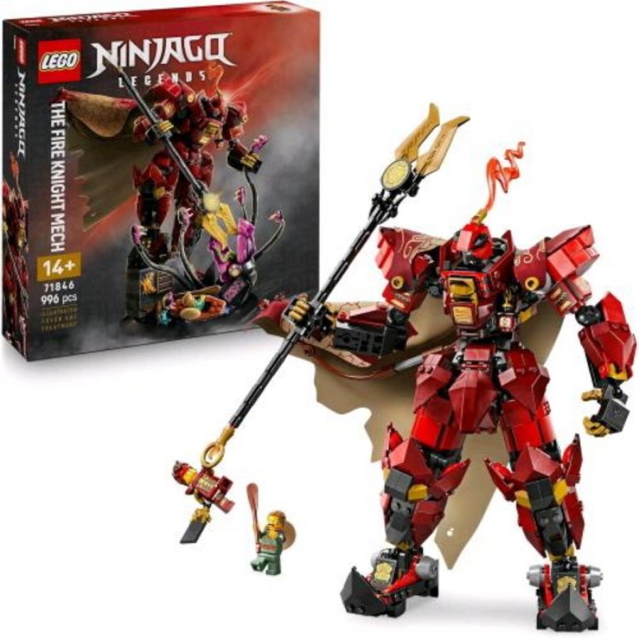 Lego ninjago mech cavaliere del fuoco robot snodabile con 2 minifigure e mostro marino su espositore