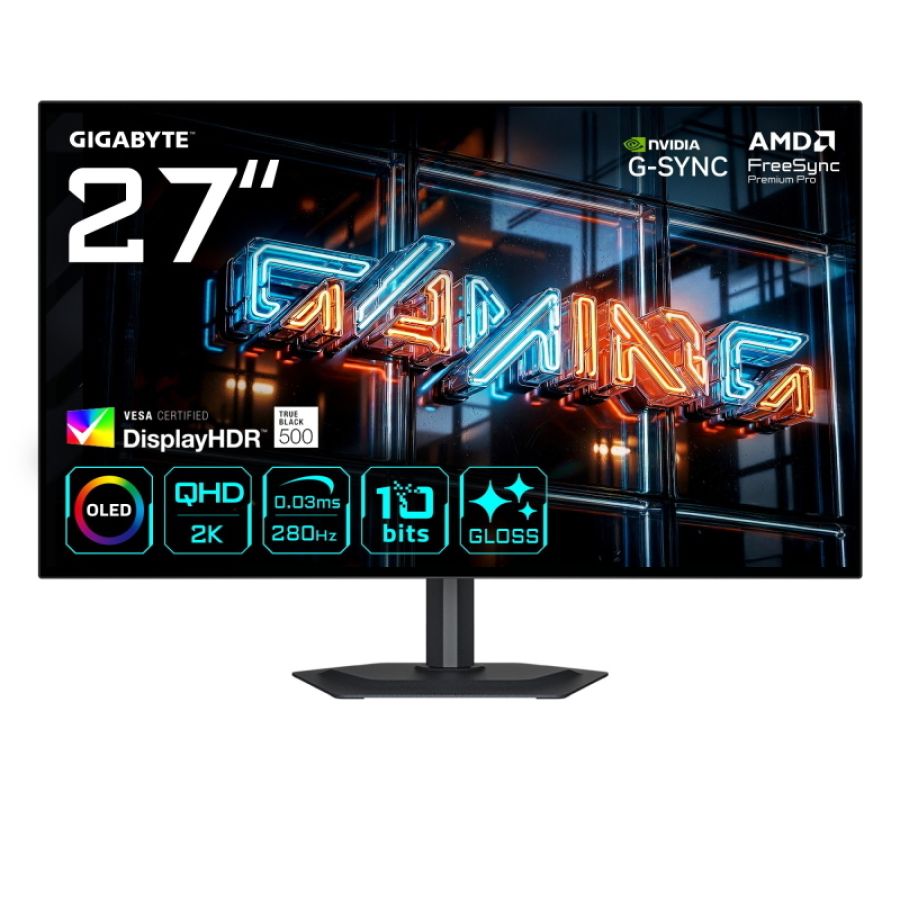 Gigabyte mo27q28gr monitor gaming woled lucido 27 qhd - 2560 x 1440, 280hz, 0.03ms, 335 cd/m², display hdr true black 500,