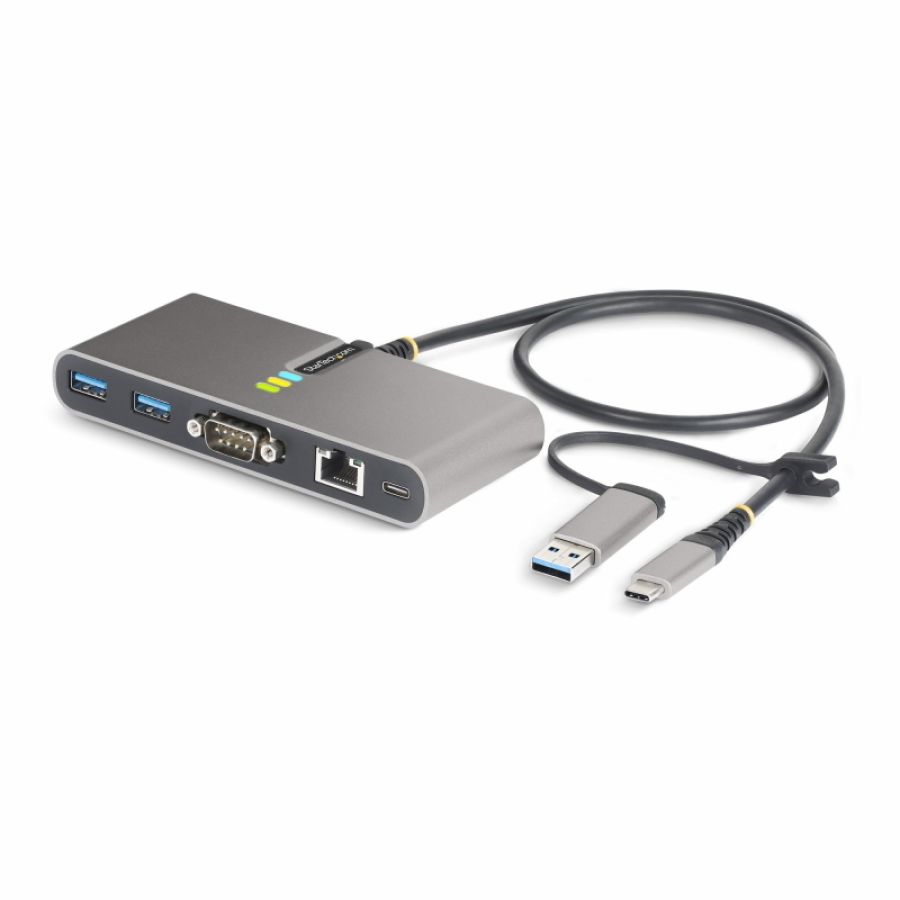 Startech.com hub usb-c a 2 porte con ethernet e rs-232, dongle usb-c a usb-a collegato, 100w pd pass-through, 2x usb-a 5gbps,