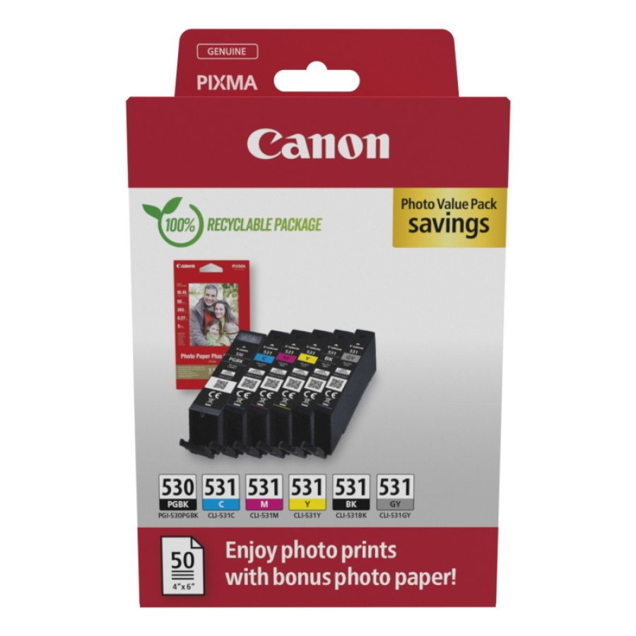 Canon pgi-530/cli-531 pvp cartuccia d\`inchiostro 6 pz originale nero, ciano, grigio, magenta, nero per foto, giallo